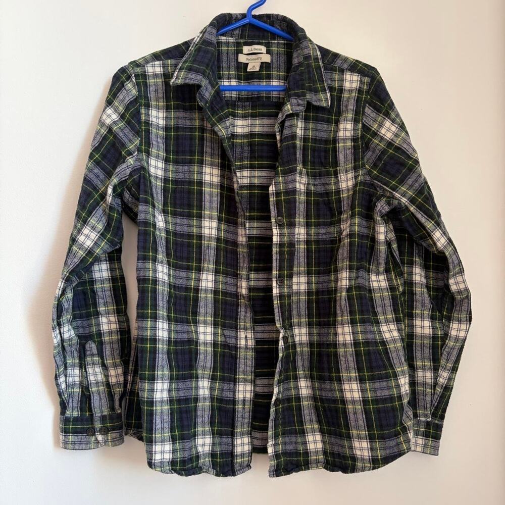 L.L. Bean Green, White and Blue Flannel Plain Button up